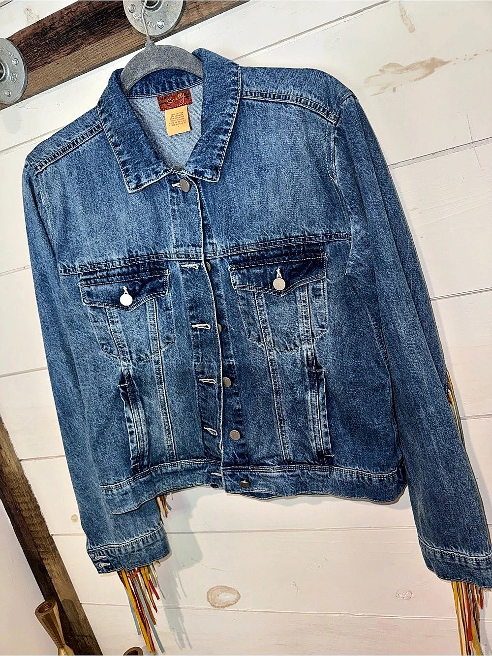 Scully Multicolor Fringe Denim Jacket in Blue & Orange
